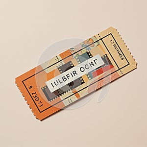 Rectangular ticket featuring a collage of colorful patterns and film strip designs. The