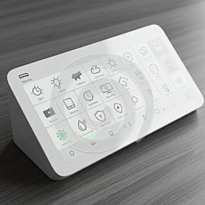 Rectangular touchscreen displaying a smart home control interface. The screen, set