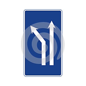 Rectangular traffic signal in blue and white, isolated on white background. Fork to the left on a two-lane road