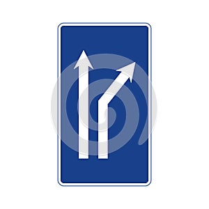 Rectangular traffic signal in blue and white, isolated on white background. Fork to the right on a two-lane road