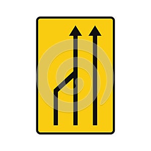 Rectangular traffic signal in yellow and black, isolated on white background. Temporary end of left lane for traffic