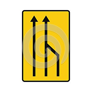 Rectangular traffic signal in yellow and black, isolated on white background. Temporary end of right lane for traffic