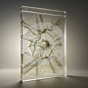 A rectangular, transparent resin block contains a patterned material that resembles