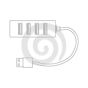 Rectangular USB hub in contour design with USB ports and cable. A splitter for a computer or laptop. Flat vector