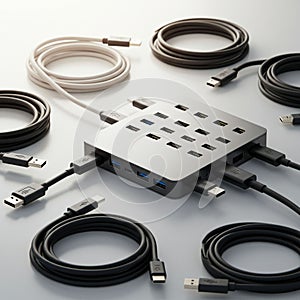 Rectangular USB hub with multiple ports, including USB-A and USB-C, sits on a light