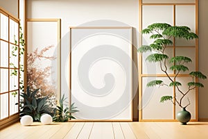 Rectangular vertical frame mockup in Japanese room style interior.