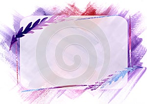 Rectangular Watercolor paint abstract leafs Frame on white background. Pink, blue, red and violet spot texture. Backdrop