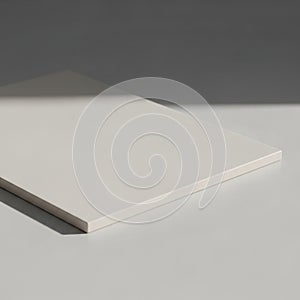A rectangular white block or slab is placed on a light gray surface. The ob
