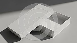 Rectangular white box partially open casting shadows on a gray surface