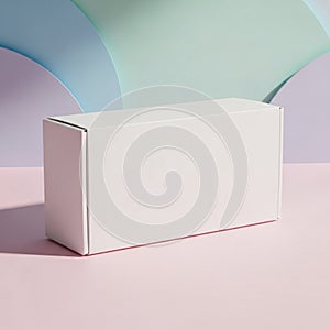 Rectangular white box on a pastel pink surface with a backdrop of