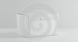 Rectangular white cardboard box with a fitted lid, placed on a white surface. The box