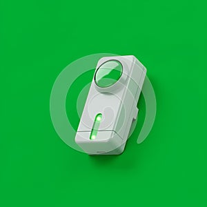 Rectangular white device with a round green button on top and a vertical green indicat