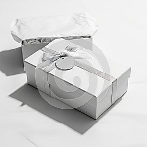 Rectangular white gift box with a silver ribbon and round tag