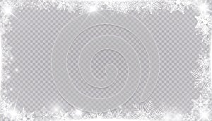 Rectangular winter snow frame border with stars, sparkles and snowflakes on transparent background. Festive christmas