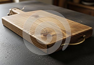 Rectangular wooden cutting board with a handle on one end,