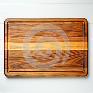 Rectangular wooden cutting board with smooth, rounded edges, featuring a central light-