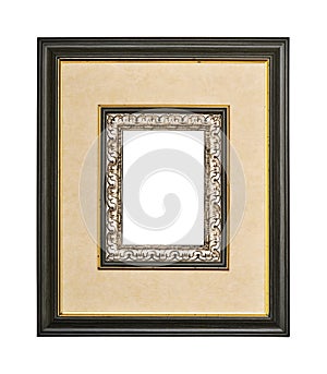 Rectangular wooden gold and silver gilded frame, isolated on white background