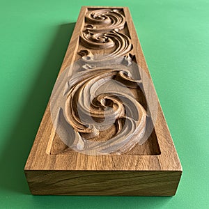 Rectangular wooden panel featuring intricate carved scrollwork with swirling patterns.