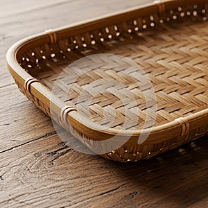 Rectangular woven bamboo tray with rounded edges resting on a wooden surface. The