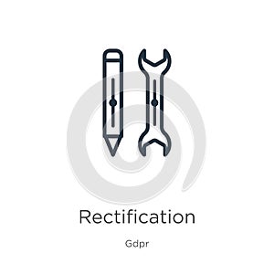 Rectification icon. Thin linear rectification outline icon isolated on white background from gdpr collection. Line vector