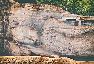 Recumbent Buddha statue at The Gal Vihara. Panorama