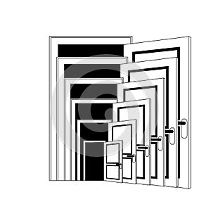 Recursion Open Door Isolated. Repeating doors vector illustration