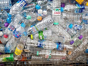 Recyclable garbage of plastic bottles in rubbish bin