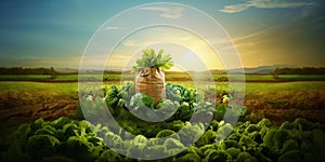 Recyclable grocery bag with produce sprouting into a lush field of crops , concept of Sustainable agriculture, created