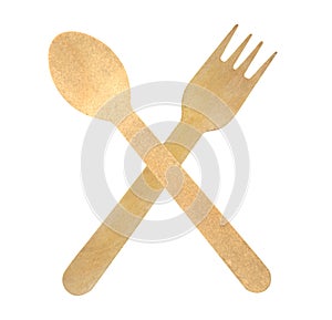recyclable wooden fork and spoon for street food and take out food, isolated on white background