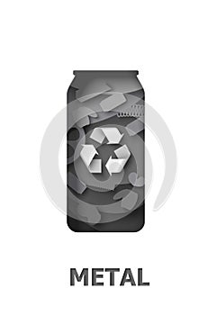 Recycle aluminum can with metal garbage and recyclable material sign, vector paper cut illustration. Reuse, recycling.