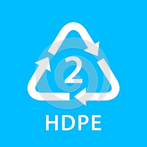 Recycle arrow triangle HDPE types 2 isolated on blue background, symbology two type logo of plastic HDPE materials, recycle photo