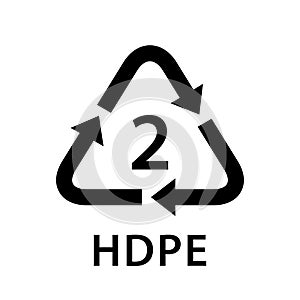 Recycle arrow triangle HDPE types 2 isolated on white background, symbology two type logo of plastic HDPE materials, recycle photo