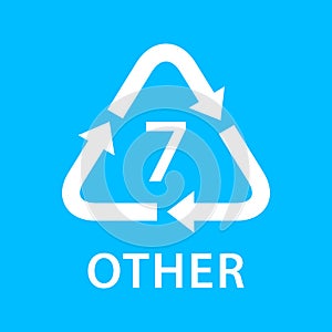 Recycle arrow triangle OTHER types 7 isolated on blue background, symbology seven type logo of plastic OTHER materials, recycle