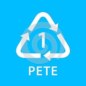 Recycle arrow triangle PETE types 1 isolated on blue background, symbology one type logo of plastic PETE materials, recycle photo