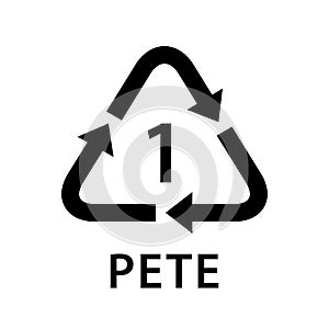 Recycle arrow triangle PETE types 1 isolated on white background, symbology one type logo of plastic PETE materials, recycle photo