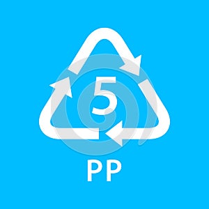 Recycle arrow triangle PP types 5 isolated on blue background, symbology five type logo of plastic PP materials, recycle triangle