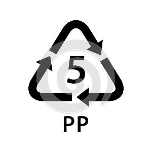 Recycle arrow triangle PP types 5 isolated on white background, symbology five type logo of plastic PP materials, recycle triangle