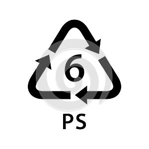 Recycle arrow triangle PS types 6 isolated on white background, symbology six type logo of plastic PS materials, recycle triangle