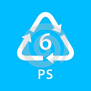 Recycle arrow triangle PS types 6 isolated on blue background, symbology six type logo of plastic PS materials, recycle triangle photo