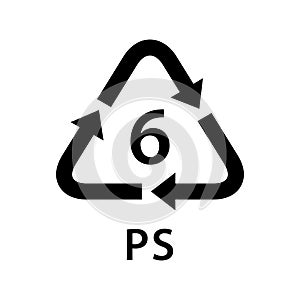 Recycle arrow triangle PS types 6 isolated on white background, symbology six type logo of plastic PS materials, recycle triangle photo