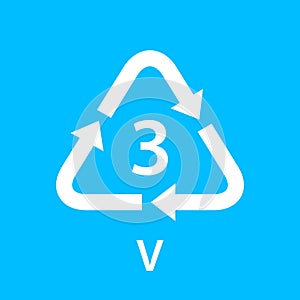 Recycle arrow triangle V types 3 isolated on blue background, symbology three type logo of plastic V materials, recycle triangle photo