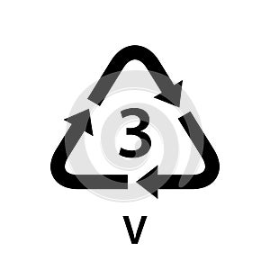 Recycle arrow triangle V types 3 isolated on white background, symbology three type logo of plastic V materials, recycle triangle photo