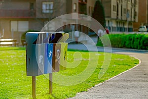 Recycle bin. Communal trash containers at the street to recycling. Trash bin. Garbage management. Waste separate concept.