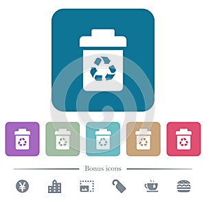 Recycle bin flat icons on color rounded square backgrounds