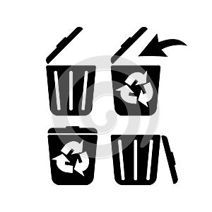 Recycle bin, litter bin, ecological recycle bin or trash can. Icon in black set isolated white background. EPS 10 vector