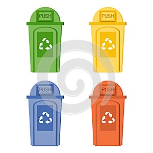 Recycle bin. Trash basket. Red, blue, yellow and green waste sorting baskets