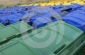 Recycle Bins, Green, Blue and Yellow