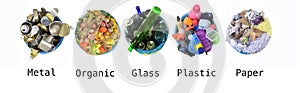 Recycle of cans, compost, glass, plastic and paper