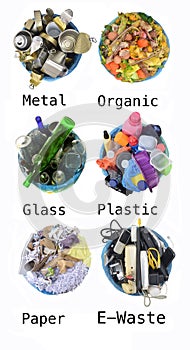 Recycle of cans, compost, glass, plastic, paper, e-waste