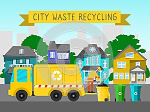 Recycle city waste garbage truck banner bin trash vector illustration. rubbish container electronic household ewaste can